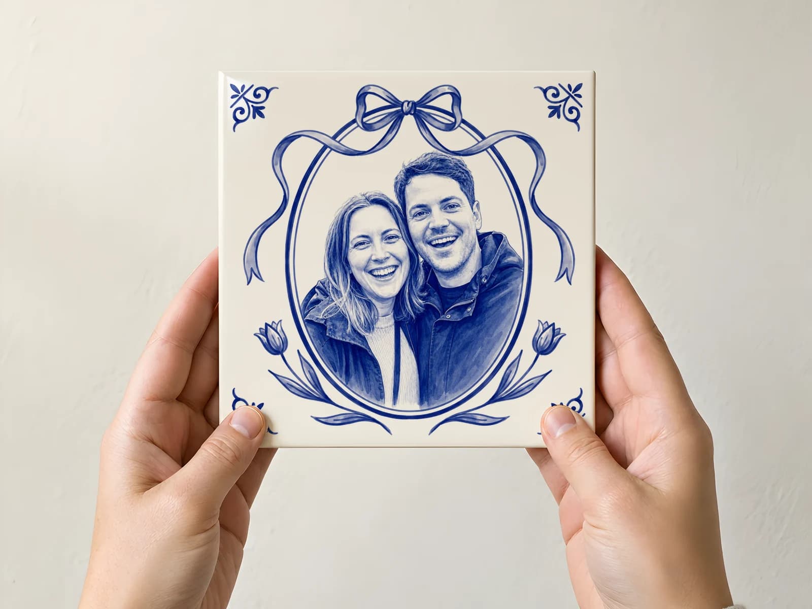 Twee handen houden een Delfts blauw fototegeltje van 15 bij 15 cm vast
