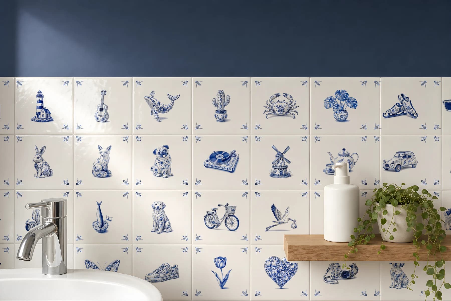 Un mur de salle de bain couvert de carreaux bleu de Delft aux motifs variés