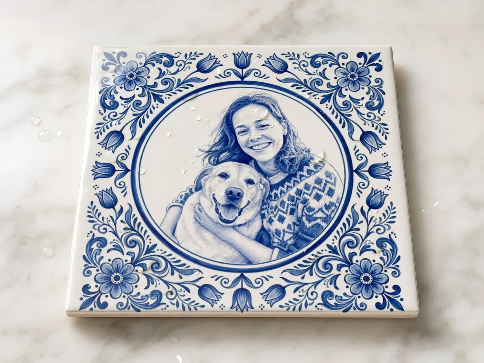 Waterdruppels op een Delfts blauw fototegeltje op een marmeren aanrecht