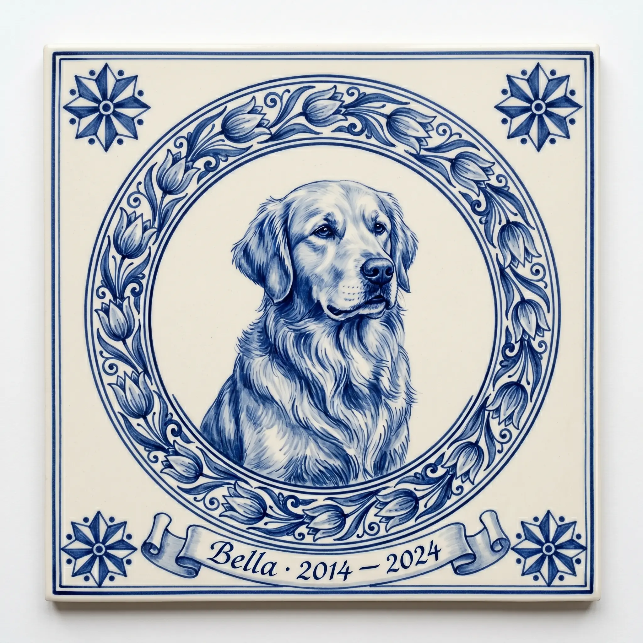 Delfter-Blau-Haustier-Fliese mit einem Hund in kobaltblauen Pinselstrichen und dem Namen in einer feinen Banderole darunter