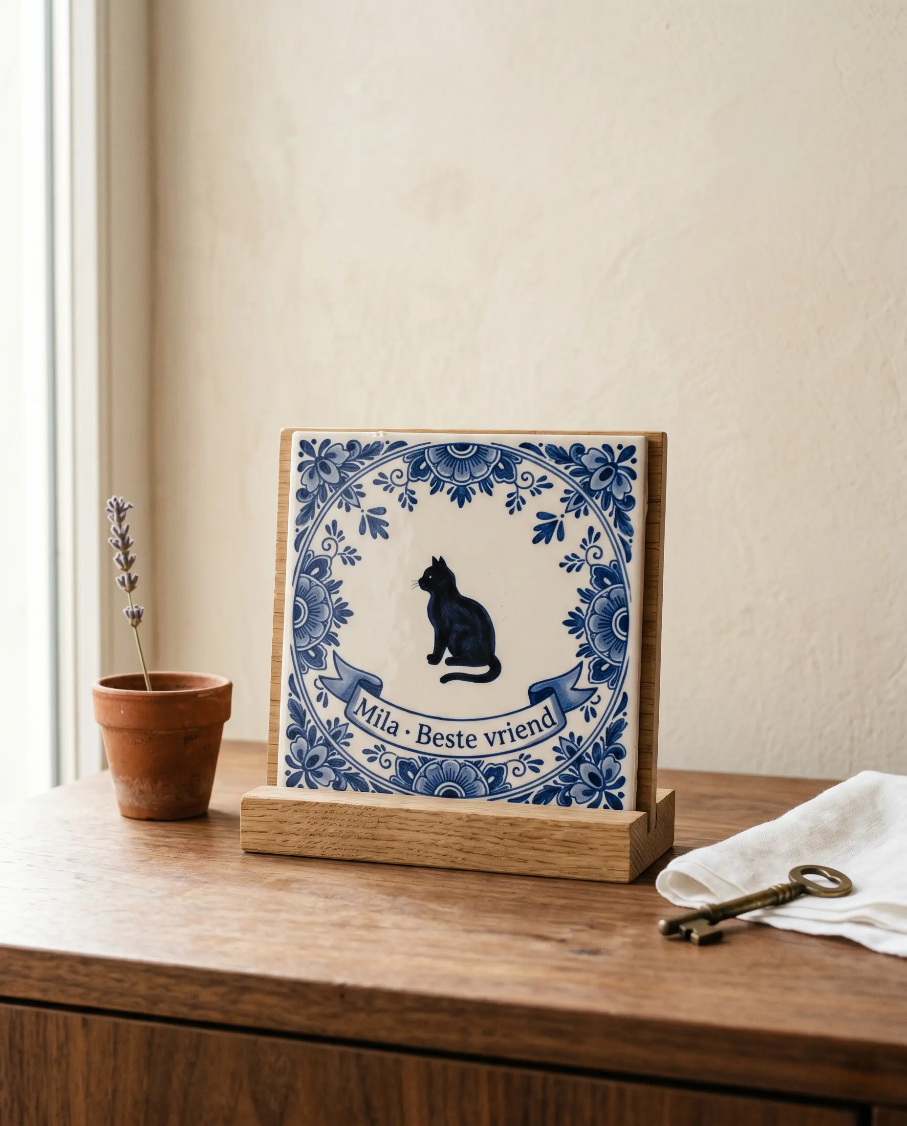 Eine Delfter-Blau-Haustier-Fliese auf einem Holz-Fliesenhalter, auf einer Walnusskommode in einem niederländischen Interieur