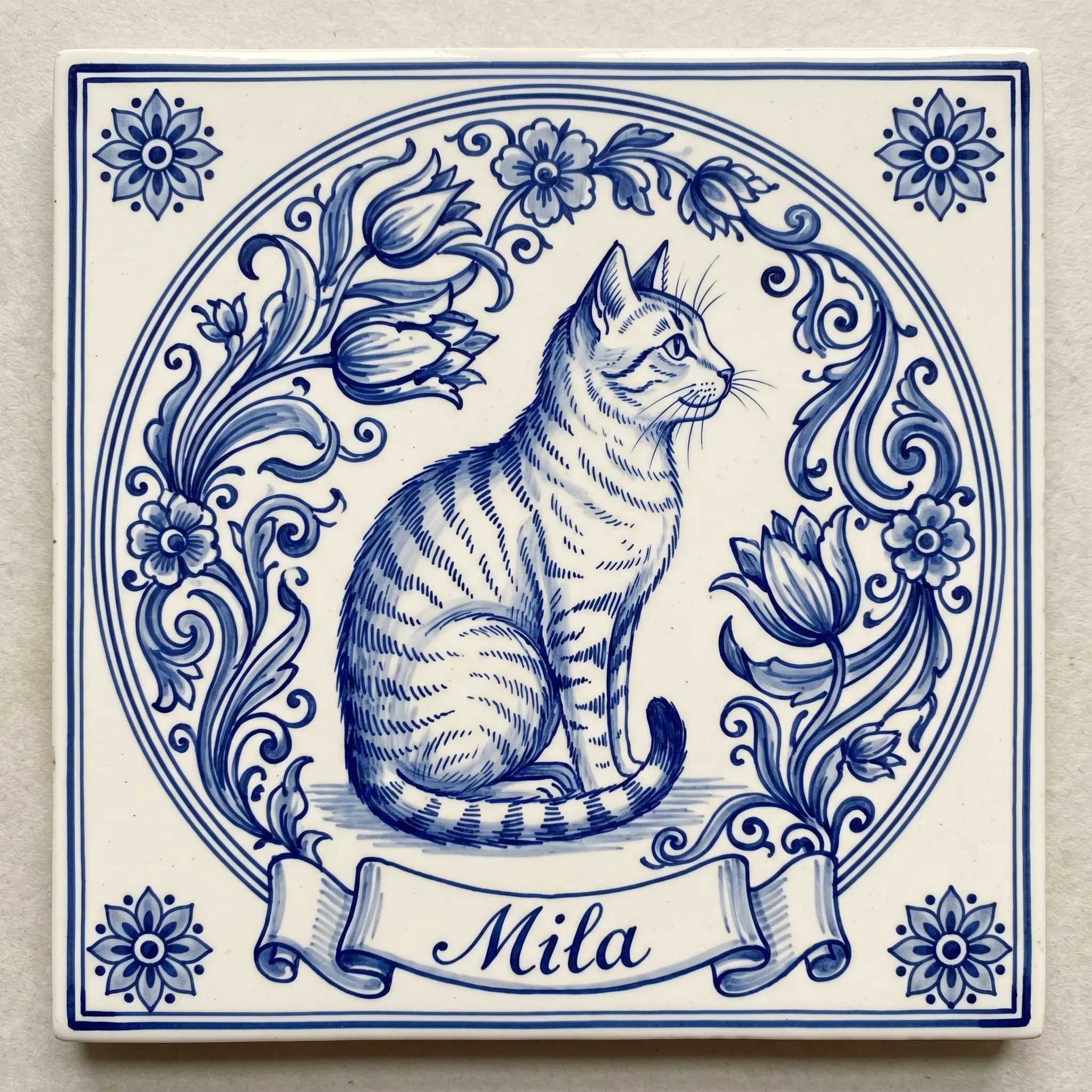 Delfter-Blau-Fliese mit einer Katze im Profil und dem Namen in kobaltblauer italianisierender Kalligrafie