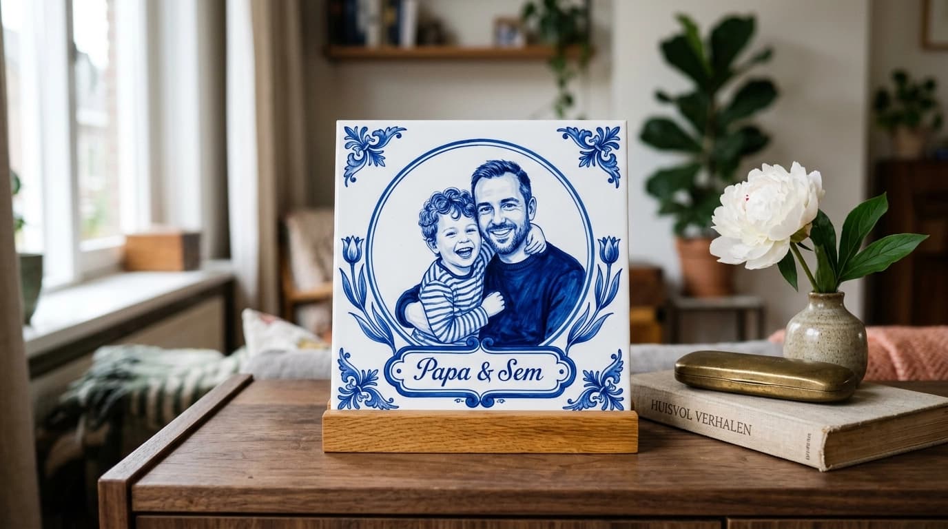 Kafelek delft niebieski na Dzień Ojca na drewnianej podstawce, na orzechowej komodzie w holenderskim wnętrzu