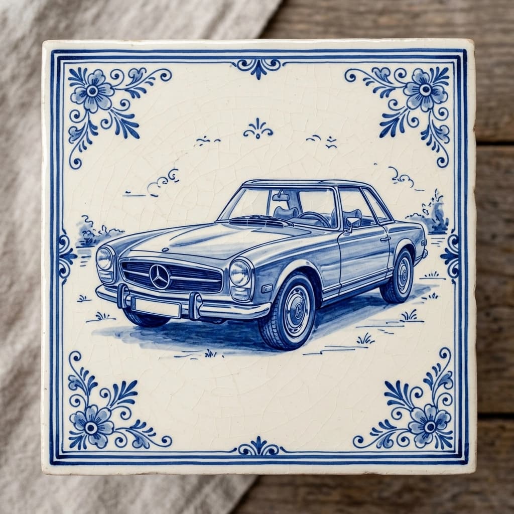 Azulejo de vehículo azul de Delft con un coche en pinceladas cobalto y el modelo en un cartucho decorativo