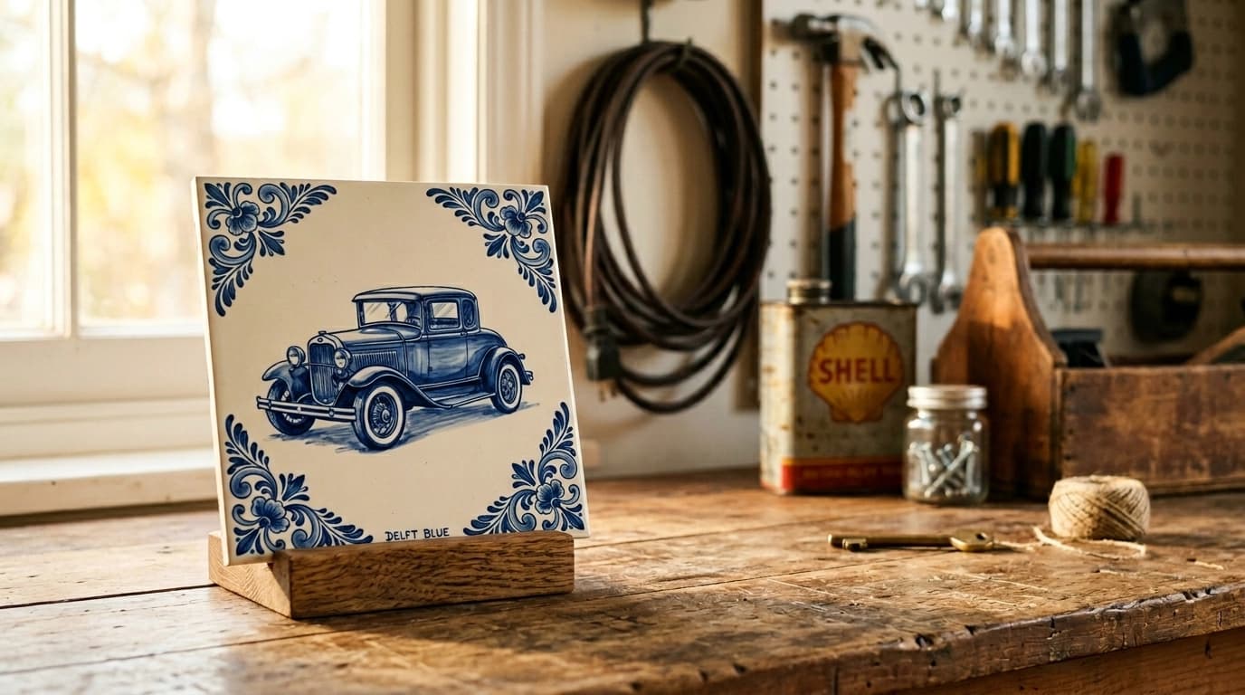 Un azulejo de vehículo azul de Delft sobre un soporte de madera, en un banco de trabajo en un garaje