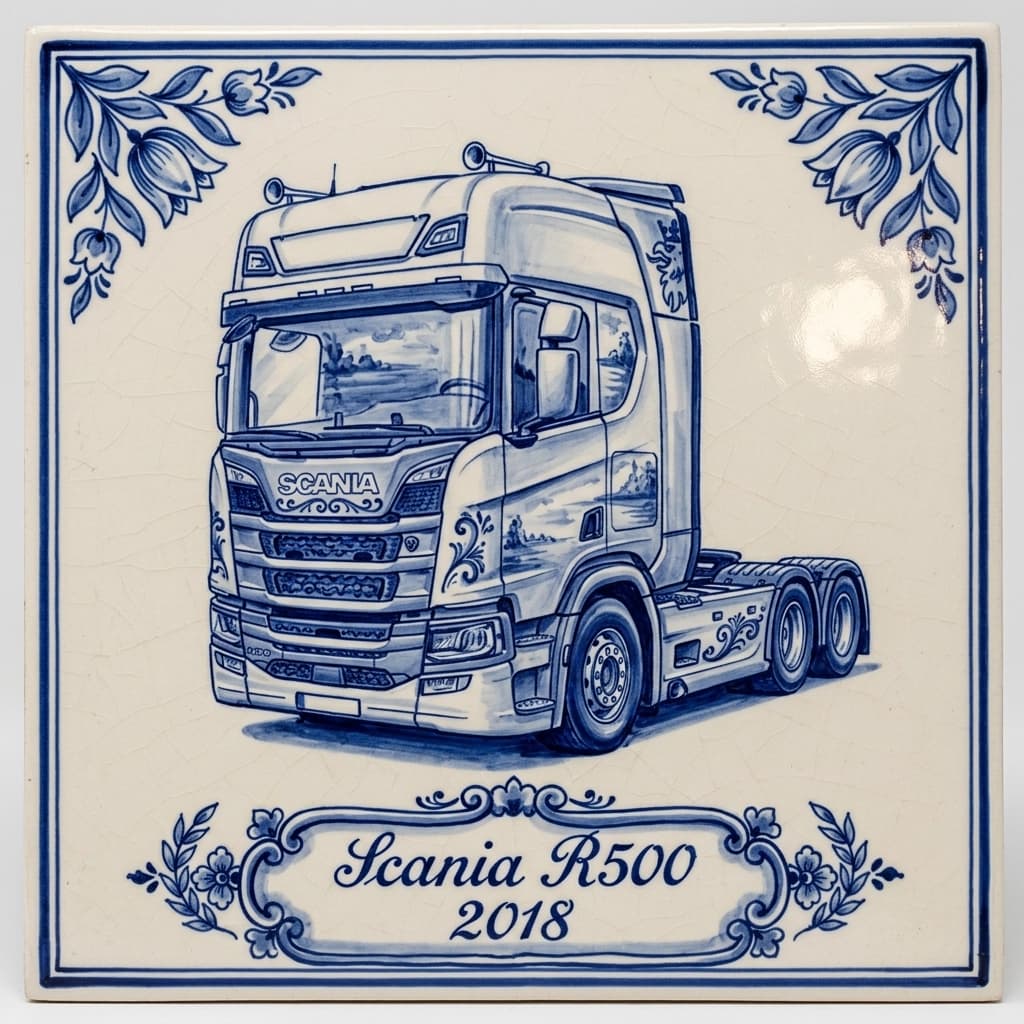 Azulejo azul de Delft con un camión y "Scania R500 — 2018" en caligrafía cobalto