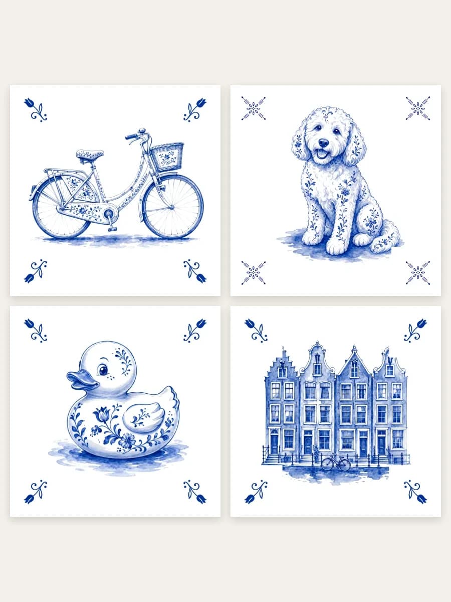 Delfts Blauw Vier — 4 fototegeltjes, 3 betalen