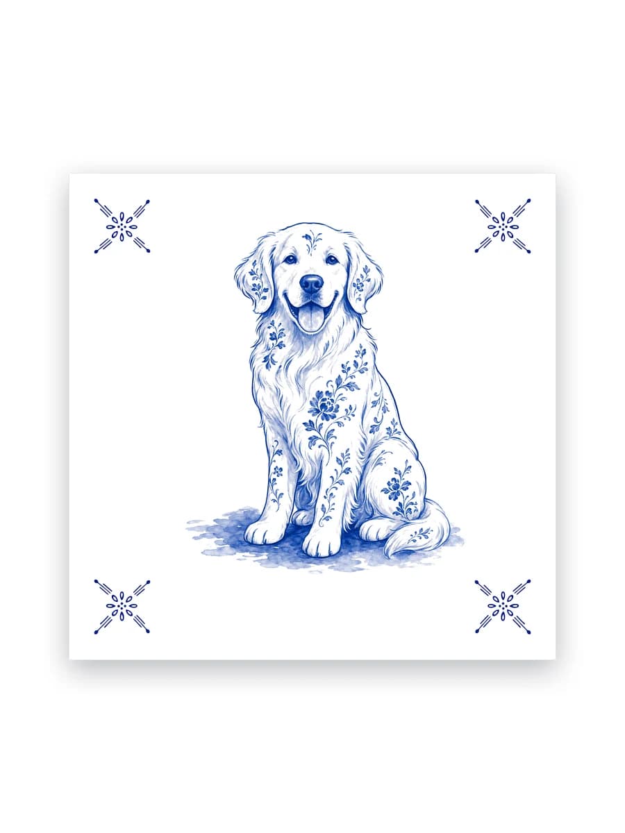 Delfts blauw tegeltje — Golden retriever