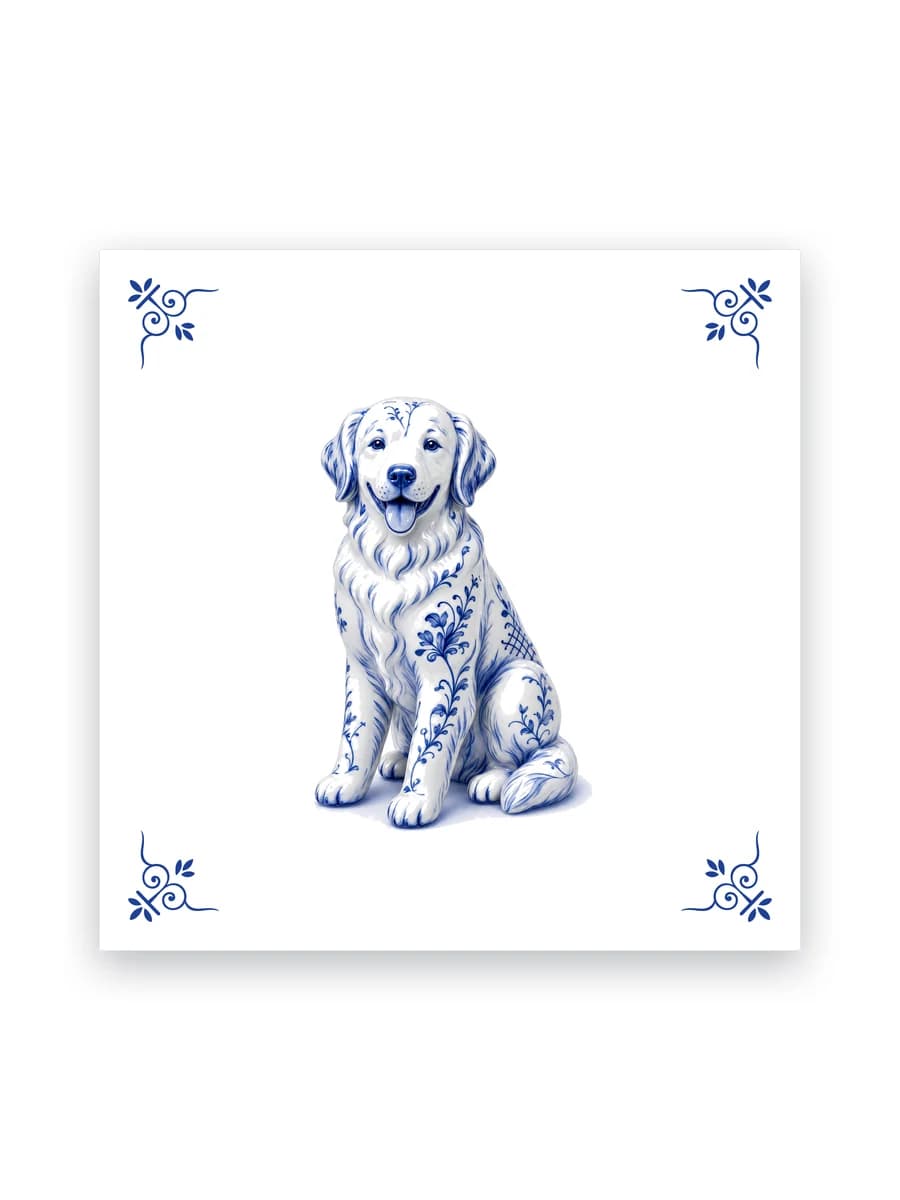Delfts blauw tegeltje — Golden retriever