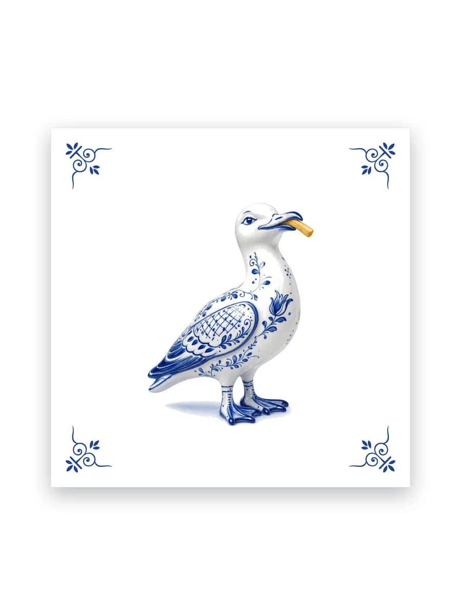 Delfts blauw tegeltje — Meeuw met frietje