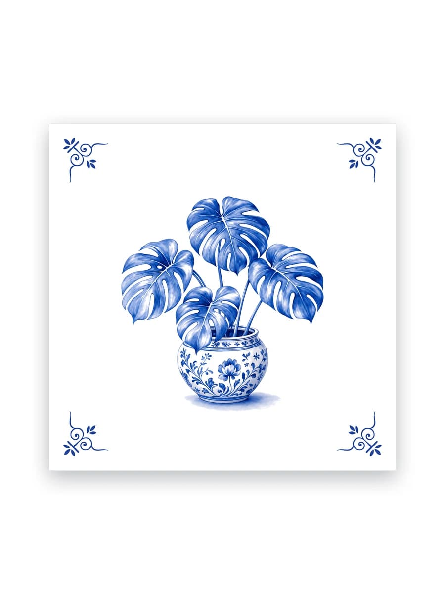 Delfts blauw tegeltje — Monstera