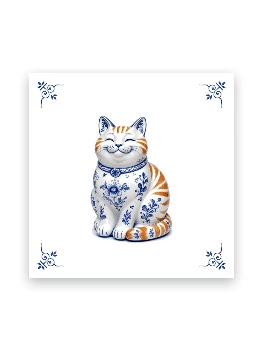 Delfts blauw tegeltje — Rode kater