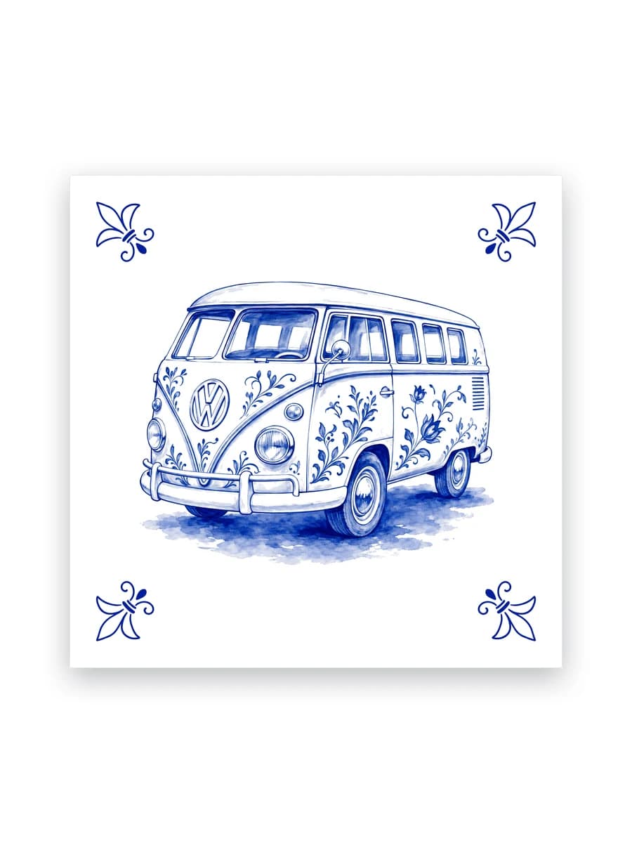 Delfts blauw tegeltje — VW-busje