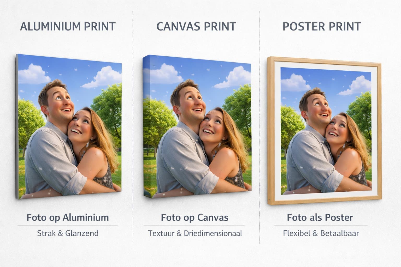 Vergelijking van printmaterialen voor AI-portretten