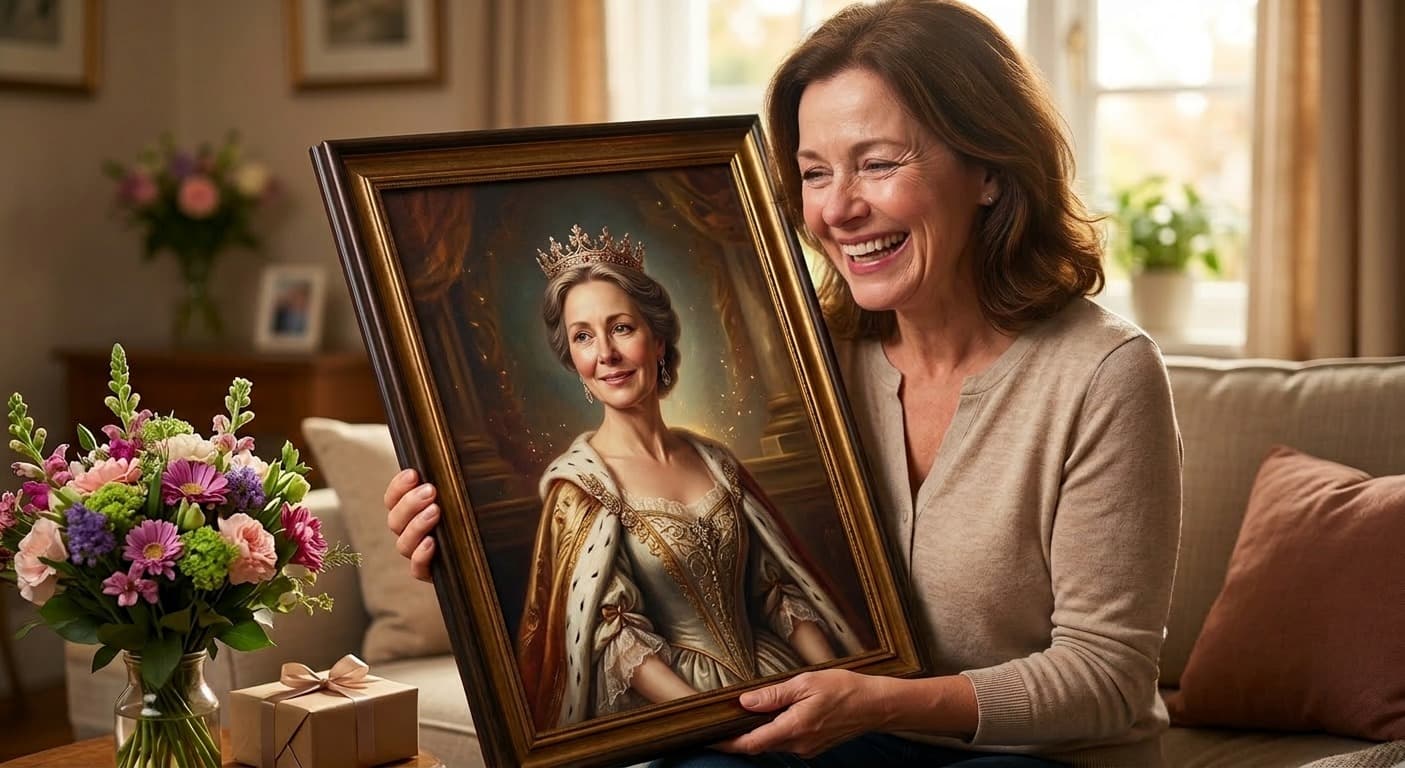 Moederdag cadeau: gepersonaliseerd AI-portret van mama als elegante koningin