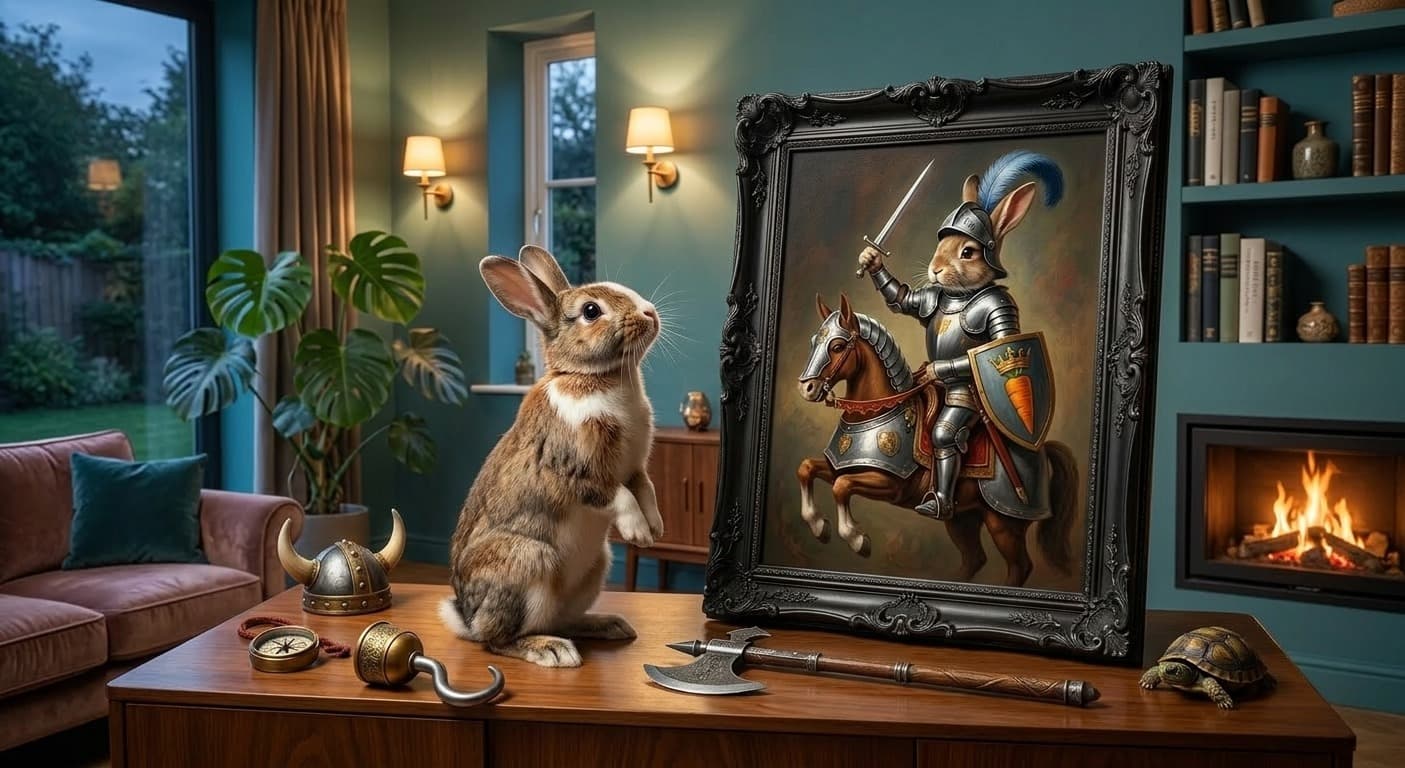Fantasy AI-portret van een konijn verkleed als koninklijke ridder op canvas